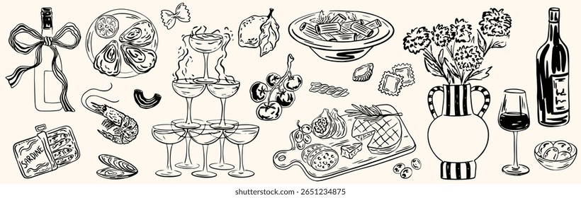 Hand drawn chalk food illustrations. Mediterranean dinner. Wine, champagne tower, charcuterie drawings for wedding invitations, menus, parties. Vector illustration La dolce vita italian sketch style.