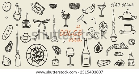 Hand drawn chalk food illustrations. Breakfast, lunch icons. Wine glass, coffee, croissant, cheese, bread drawings for wedding invitations, cafe menus and parties. La dolce vita italian sketch style.