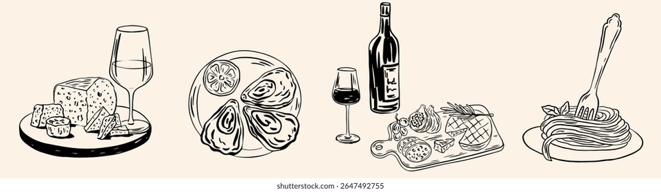 Hand drawn chalk food in Italian coastal style. Table dishes, wine, spaghetti, oysters, charcuterie. Wedding drawing dinner icons. Vector illustration La dolce vita italian sketch style.
