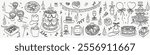 Hand drawn chalk food vector illustrations. Birthday party doodle icons. Wine or champagne glass, cheese, charcuterie drawings for b-day invitations, cafe and parties menus. Anniversary celebration.