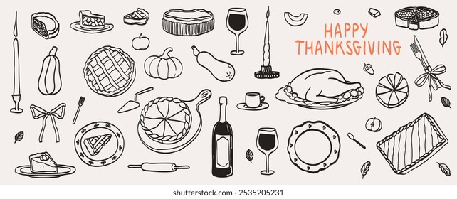 Hand drawn chalk food vector illustrations. Thanksgiving dinner table icons. Wine glass, turkey, pumpkin pie drawings for family invitations, cafe menus and parties. Sketch ink charcoal drawing style.