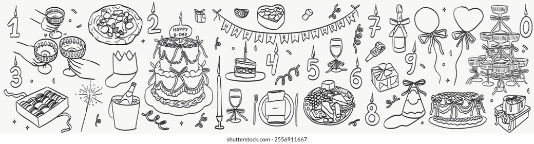 Hand drawn chalk food vector illustrations. Birthday party doodle icons. Wine or champagne glass, cheese, charcuterie drawings for b-day invitations, cafe and parties menus. Anniversary celebration.