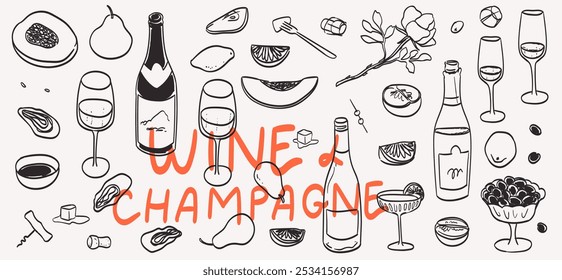 Hand drawn chalk food and wine illustrations. Wedding dinner icons. Wine or champagne glass, cocktail, fruits drawings for wedding invitation, cafe menu or party. La dolce vita italian sketch style.