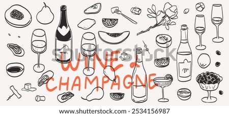 Hand drawn chalk food and wine illustrations. Wedding dinner icons. Wine or champagne glass, cocktail, fruits drawings for wedding invitation, cafe menu or party. La dolce vita italian sketch style.