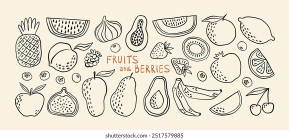 Mão desenhado frutas coloridas e bagas. Estilo minimalista abstrato moderno. Frutos tropicais naturais. Fig, cereja, maçã, pêssego, limão, banana, abacate, romã, abacaxi, melão. Ilustração vetorial.