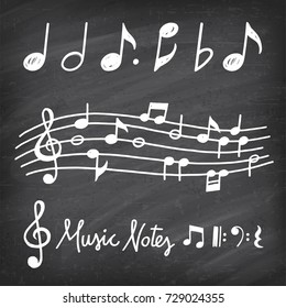 Hand Drawn chalk grunge notes and music symbols vector illustrations on a vector Chalkboard Background