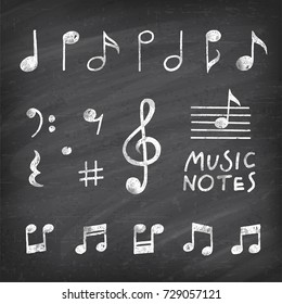 Hand Drawn chalk grunge notes and music symbols vector illustrations on a vector Chalkboard Background