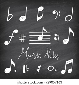 Hand Drawn chalk grunge notes and music symbols vector illustrations on a vector Chalkboard Background
