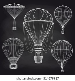 Hand drawn chalk hot air balloons parade on chalkboard background. Vector illustration