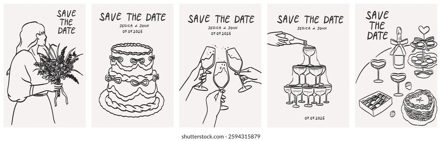 Hand drawn chalk Italian style wedding dinner illustrations for poster or placard. Wine, champagne glass, served table, cake drawings for wedding invitations, menu and party. Ink doodle sketch style.