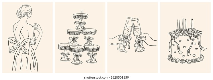 Hand drawn chalk Italian style wedding posters. Wine, champagne tower, bride, cake drawings for wedding invitations, menu and parties. Ink doodle sketch style. Coquette vintage vector illustrations