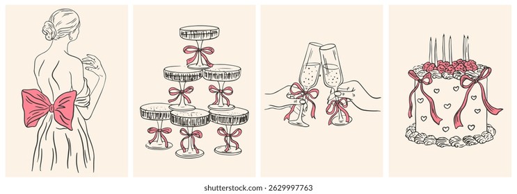 Hand drawn chalk Italian style wedding posters. Wine, champagne tower, bride, cake drawings for wedding invitations, menu and parties. Ink doodle sketch style. Coquette vintage vector illustrations