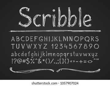 Hand drawn chalk letters numbers and symbols. Alphabet on a chalkboard. Eps8. RGB. One global color. Each elements are grouped separately