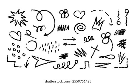 Hand drawn chalk lines, zigzags, waves, arrows, hearts, flower, dots. Vector charcoal smears. Underline pen set. Doodle crayon style sketch lines. Horizontal wavy strokes with rough edges.