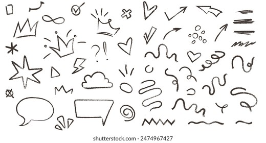 Hand drawn chalk and marker graffiti squiggles. Doodle hearts, underline, speech bubbles. crowns, arrows, and scribbles. Charcoal grunge texture vector elements