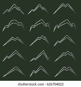 Hand Drawn Chalk Mountain Silhouette Set. Isolated on Black Background.