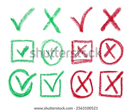 Hand Drawn Chalk Pencil Checklist Checkbox Signs Square Circle Sketch Style. Doodle Collection of Green Checkmarks, Red Crosses and Circles Chalk Charcoal Pencil. Correct Incorrect Symbols.