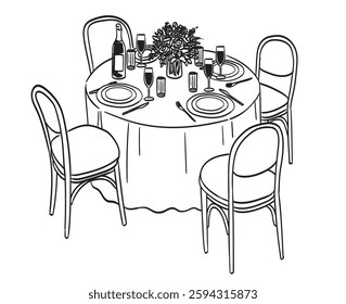 Hand drawn chalk round table and chairs with vase and flowers illustration. Tablescape wedding dinner with wine glasses, plates drawings for wedding invitations, cafe menus and parties in doodle style