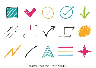 Hand drawn Chalk scribble arrow, line brush set. Crayon arrow, underline, handwritten mark check elements flat Vector illustration white.