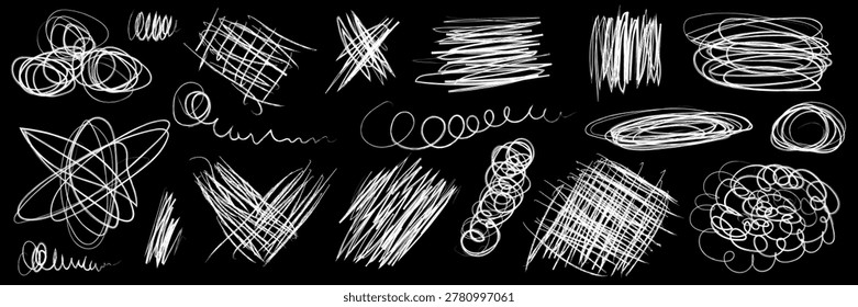 Hand drawn chalk scribbles, rough sketch lines, and squiggles. Grunge white chalk graphics elements on blackboard, messy and circle sketches, crayon textured doodles vector set