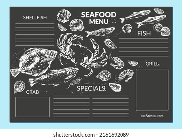 Hand drawn chalk seafood, fish sketch, menu background. Crab, oyster, prawn, shrimp, mussel, salmon, trout, sardine, anchovy, flounder.