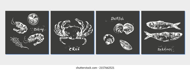 Hand Drawn Chalk Seafood Sketch, Fish For Menu Background. Crab, Prawn, Shrimp, Sardine, Shellfish, Fish.