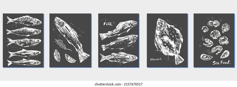 Hand drawn chalk seafood sketch, fish for menu background. Oyster, prawn, shrimp, mussel, salmon, tuna, dorado, trout, sardine, anchovy, flounder, mackerel, herring, sea bass.