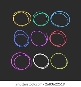 Selección de tiza dibujada a mano círculos de tiza multicolores y óvalos, Ilustración vectorial