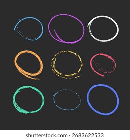 Selección de tiza dibujada a mano círculos de tiza multicolores y óvalos, Ilustración vectorial