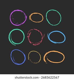 Selección de tiza dibujada a mano círculos de tiza multicolores y óvalos, Ilustración vectorial