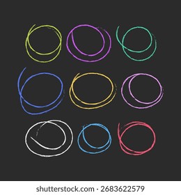 Selección de tiza dibujada a mano círculos de tiza multicolores y óvalos, Ilustración vectorial