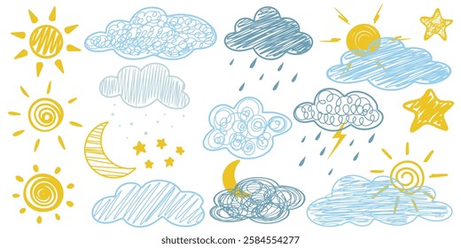 Hand drawn chalk set clouds, sun, moon, stars, snow, rain. Weather conditions kid drawing. Collection of simple color illustration doodle sketch style, vector graphics