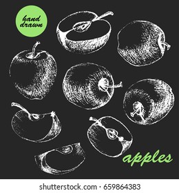 Hand drawn chalk sketch of apples, half, slice. Fruit illustration for food or menu background. 
