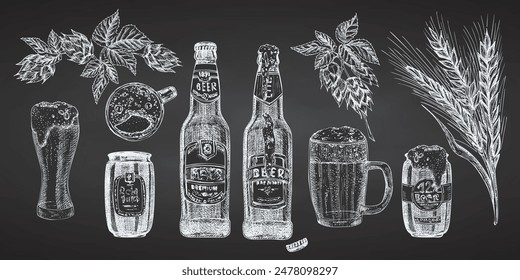 Hand drawn chalk sketch bottle and beer can Vintage design bar, restaurant, cafe menu on chalkboard. Graphic vector art Creative template for flyer, banner, poster. Vector illustration.