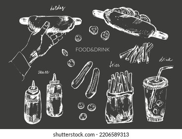 Hand drawn chalk sketch of food and drink objects. Fast food hot dog, french fries, vegetable slices, ketchup and mustard bottles, soda drink, hand holding sandwich. For menu design, background.