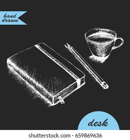 Hand drawn chalk sketch of notebook with bookmark and elastic band, pencil and coffee cup.