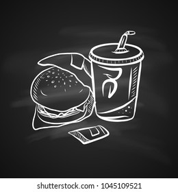 Hand Drawn Chalk Sketch on Blackboard of Tasty Fast Food. Vintage Sketch. Label