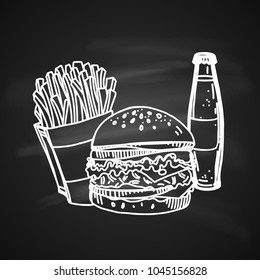 Hand Drawn Chalk Sketch on Blackboard of Tasty Fast Food. Vintage Sketch. Great for Banner, Label