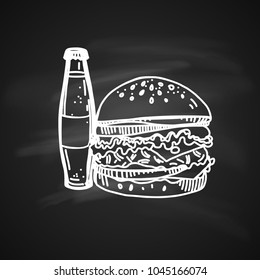 Hand Drawn Chalk Sketch on Blackboard of Fast Food. Tasty Cheeseburger with Soda Bottle