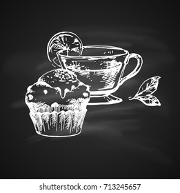 Hand Drawn Chalk Sketch on Blackboard of Tea Cup and Delicious Cupcake. Vintage Sketch. Great for Banner, Poster