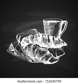 Hand Drawn Chalk Sketch on Blackboard of Croissants and Coffee Cup. Vintage Sketch. Great for Banner, Label, Poster
