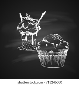 Hand Drawn Chalk Sketch on Blackboard of Cake and Ice Cream in Bowl. Vintage Sketch. Great for Banner, Label, Poster