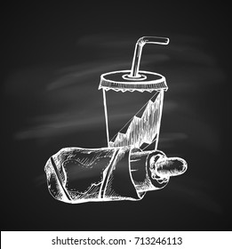 Hand Drawn Chalk Sketch on Blackboard of Soda Cup with Straw and Hot Dog. Vintage Sketch. Great for Banner, Label, Poster