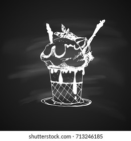 Hand Drawn Chalk Sketch on Blackboard of Ice Cream in Bowl. Vintage Sketch. Great for Banner, Label, Poster