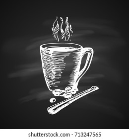 Hand Drawn Chalk Sketch on Blackboard of Coffee Cup with Cinnamon. Vintage Sketch. Great for Banner, Label, Poster
