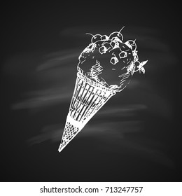 Hand Drawn Chalk Sketch on Blackboard of Ice Cream in a Cone. Vintage Sketch. Great for Banner, Label, Poster