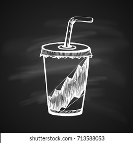 Hand Drawn Chalk Sketch On Blackboard Of Soda Cup. Vintage Sketch. Great For Banner, Label, Poster