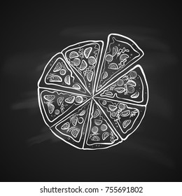 Hand Drawn Chalk Sketch on Blackboard Different Pizza Slices Set. Great for Poster, Menu, Box