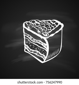 Hand Drawn Chalk Sketch on Blackboard Berry Cake. Vintage Sketch. Great for Banner, Label, Poster