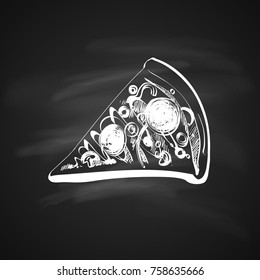Hand Drawn Chalk Sketch on Blackboard Slice Pizza Pepperoni. Abstract Vintage Illustration for Poster, Menu, Box